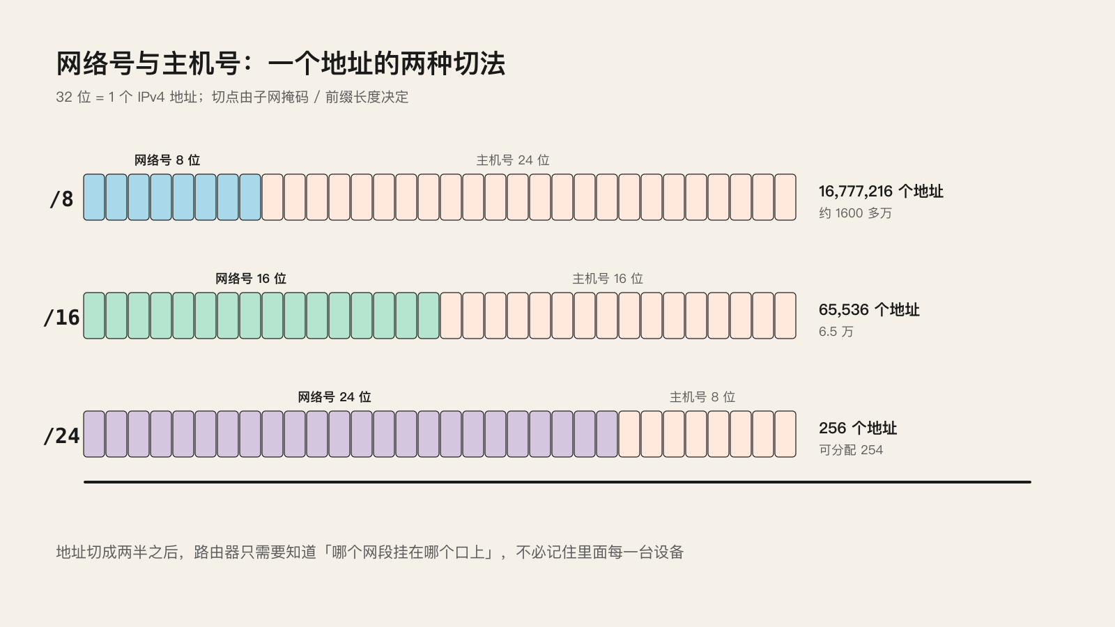 网络号与主机号:/8、/16、/24 三种前缀的长度与容量